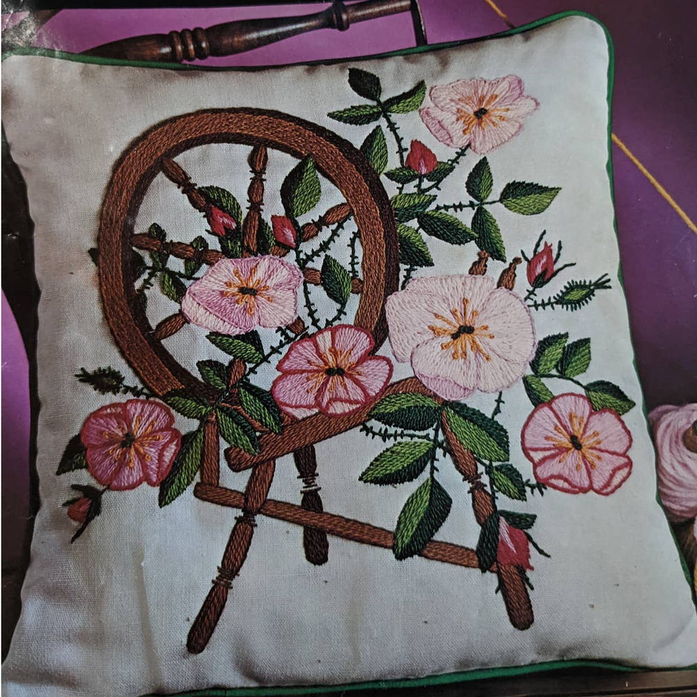 Vintage 70's Crewel Embroidery Pillow Kit, Roses and Spinning Wheel, Avon Crafts